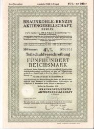 Акция Производство топлива и бензина Braunkohle-Benzin, 500 рейхсмарок 1938 г, Германия